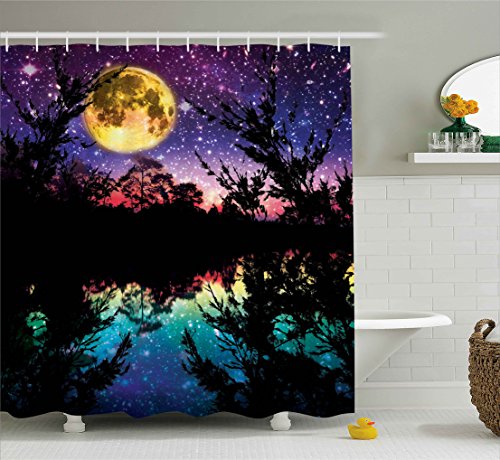 Ambesonne-Fabric-Shower-Curtain-Nature-Artwork-Decor-Lake-at-Moon-Light-Stars-Sky-and-Trees-Water-Reflection-Contemporary-Modern-Theme-Purple-Yellow-Fuchsia-Black-Teal-Blue-Dark-Colors