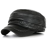 ililily Black Genuine Leather Braided Detail Military Flex Fit Flat Top Cap