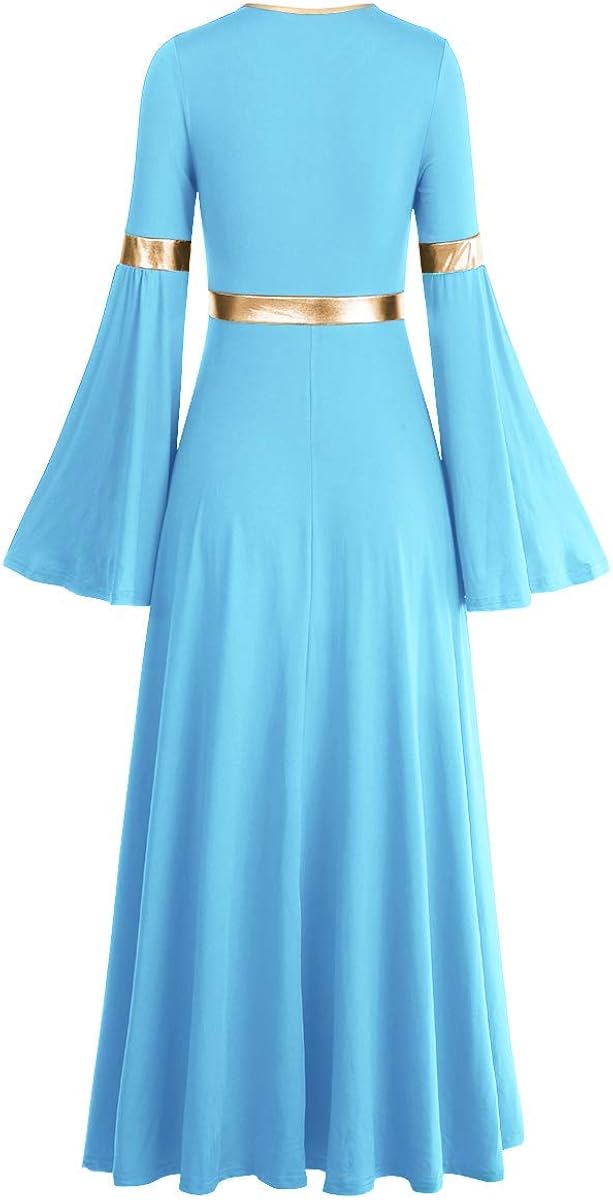 Women Metallic V Neck Praise Dance Dress Liturgical Worship Costume Bi Color Bell Long Sleeve Church Robe Praisewear: Clothing