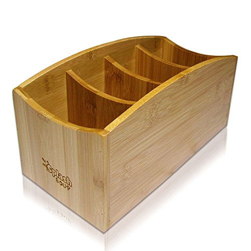 Natural Bamboo Caddy | Living Room Remote Control Organizer | Home Office Desk Storage | Nightstand Bin | Kitchen Accessory Holder | Utensil Compartments | Daily Supplies Divider | by SplashSoup