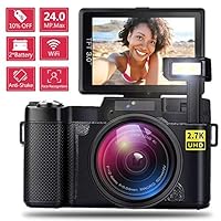 AMKOV WiFi Digital Camera Vlogging Camera for Kids & Adults 24MP 2.7K 1080P Camcorder with 4X Optical Zoom, 2 Rechargeable Batteries, 3 Inch 180°Flip Screen Retractable Flashlight Easy Operation
