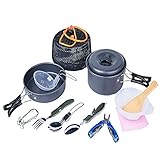 Camping Cookware Mess Set ,Lightweight , Compact & Durable Hard Anodized Aluminum Outdoor Backpacking Cookware Multifunctional Plier and Folding Spork Picnic Bowl Pot Pan Set (14-Piece) BENERAY