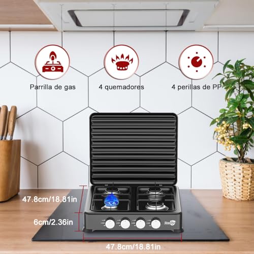 Parrilla de Gas 4 Quemadores, Estufa de Sobreponer Recubrimiento en Polvo Sobre Chapa Metálica con Tapa Rejilla Cuadrada para Ollas Perilla PP Estufa de Mesa para Gas LP Cocina Camping 47.8*47.8*6cm