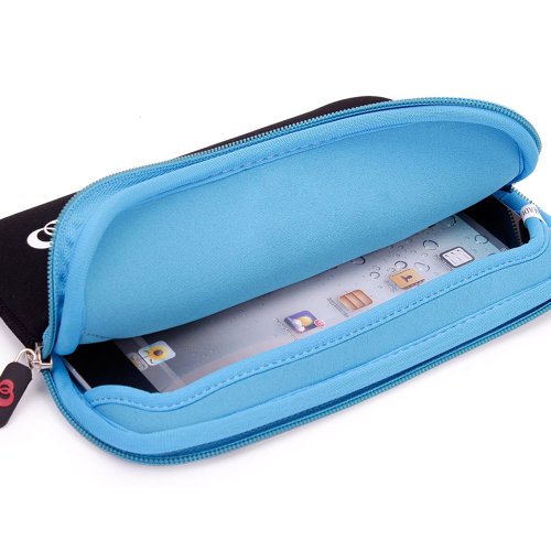 SLIM NEOPRENE SLEEVE WITH FRONT POCKET FOR ACCESSORIES in BLACK/BABY BLUE TRIM for Amazon Kindle Fire 2011 edition - Thumbnail 2