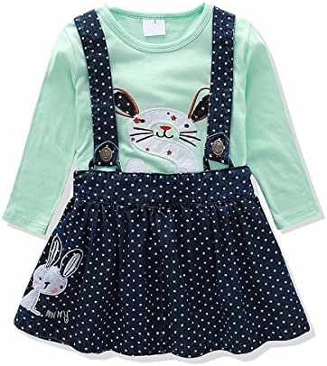 Baby Girl Clothes Set Denim Suspender Skirt Embroidered T-Shirt Bunny Flower Butterfly (5t, Green)