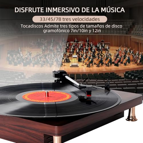 Vitrola Toca Disco Vinil Automático com Transmissão Correia Tocador Vintage Audiotecnica Velocidades 33/45 RPM Vitrola Retro Bluetooth Alto-Falante Estéreo Audio Technica Reprodução Vinil 3 Velocidad