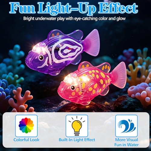 AM ANNA Magic Swimming Fish Toy Water-Activated Robotic, Glowing Light-Up Fish Interactive, 4PCS Pink Yellow Purple Orange with Seaweed, Floating Wagging Tail for Bathtub Pool Cat (4 Fish)
