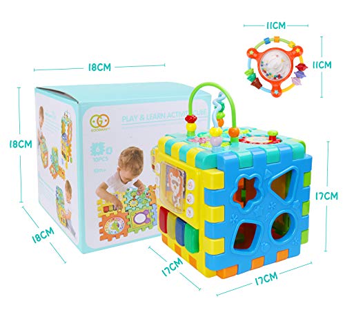 BBLIKE Baby Activity Cube with Bead Maze, 6 in 1 Multipurpose Activity Center Busy Learner Cube with Shapes Maze Music Gears Clock Educational for Kids 1 Year+