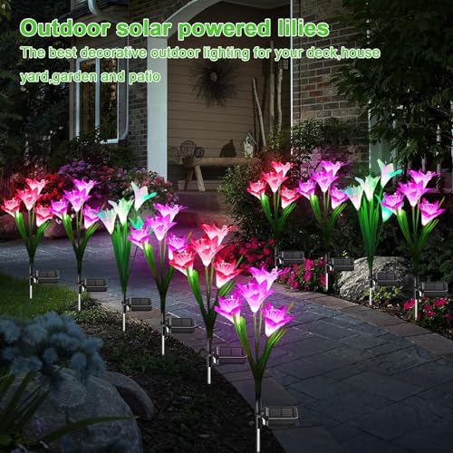 Dolucky Solar Garden Lights, 4 Pack Solar Lights Outdoor with 16 Lily Flowers, Multicolor Changing Solar Flower Lights Waterproof for Patio Lawn Garden Yard Pathway Outside Decoration