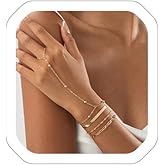14K Stackable Gold Finger Ring Hand Chains Bracelets, Dainty Trendy Beads Snake Paperclip Hand Chain Bracelet Jewelry Gifts for Women