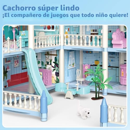 deAO Dollhouse Villa for Girls, 3-Story Dream Dollhouse with Furniture and Slides, Stairs, Fences, Dog Doll, Princess Castle Playset, Gift for 6+ Year Old Girls (Blue)