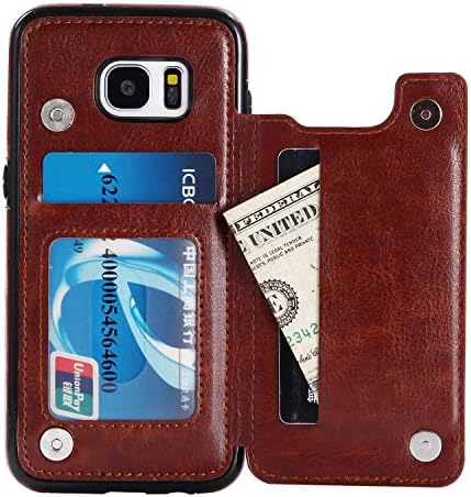 Cmeka Wallet Case for Samsung Galaxy S7 Edge | with Card Slots Holder | Kickstand | Magnetic Clasp | Durable Shockproof Protective Case Brown