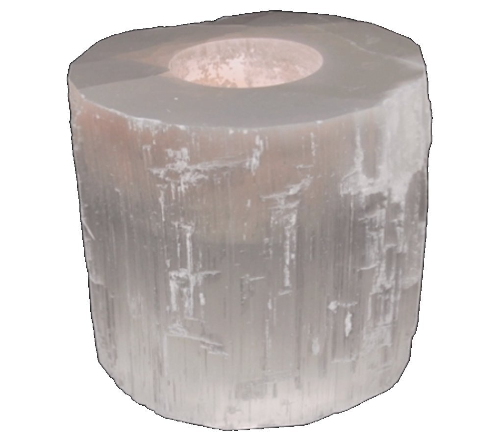 Selenite cylinder for tea lights, 8 x 8 cm, this beautiful living accessory brings atmospheric light to your apartment, candle holder.