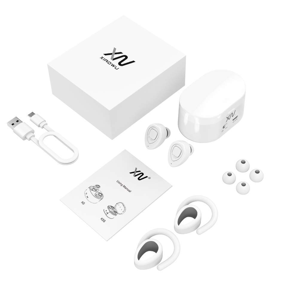 XIAOWU Cuffie Bluetooth senza fili – Mini Auricolari wireless bluetooth Effetto Stereo con Microfono Incorporato e Base di Ricarica per iPhone 8, 7 Plus, Samsung, iPad, Dispositivi Android … (DE-K5S-WHITE)