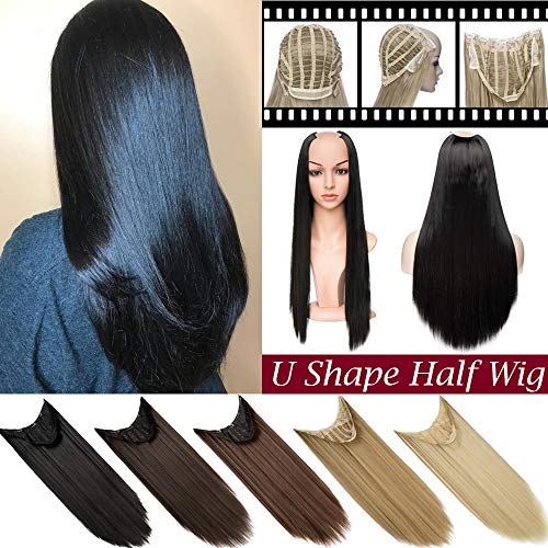 U Shape Part Half Wig Clip In Hair Extension Full Head One Piece None Lace Front Invisible U Part Half Head Wig 7 clips With Wig Net Synthetic Straight Curly(26″Straight,Dark Black)