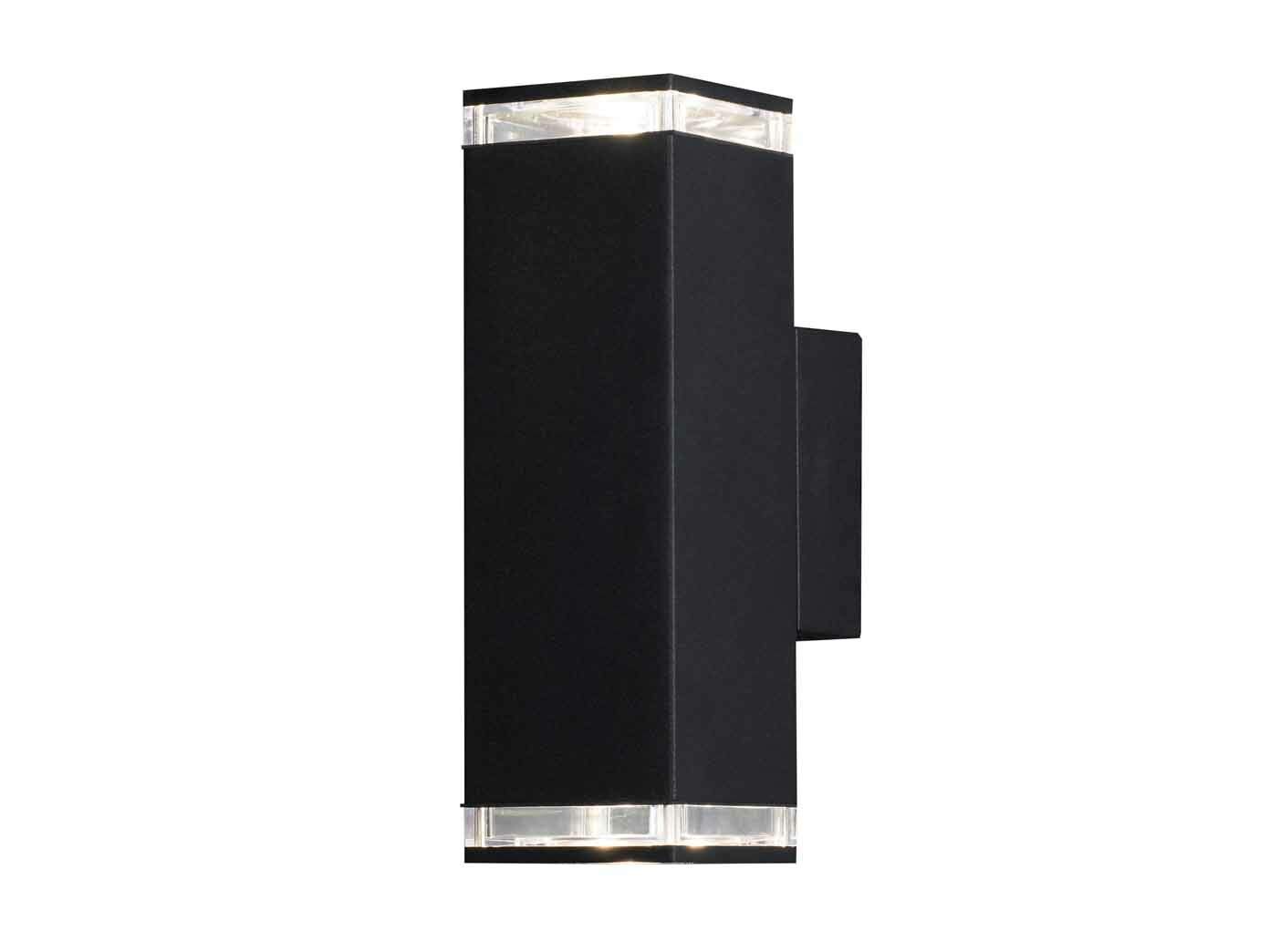 Konstsmide Handmade Outdoor Wall Light Mains Powered/Pollux Single Up Down Modern Lantern/2x7 Watt Max GU10 Lamp/Clear Acrylic Glass Lens/Aluminium/IP44/Black Outside Light