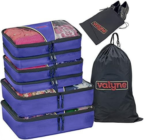 Mesh Nylon 6-pcs Packing Cubes Set, Travel Accessories Luggage Organizer Bags with Laundry/Shoe Bag (Medium Packs Double Compartment) (Dark Blue)