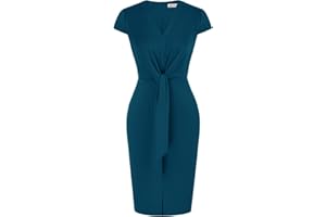 GRACE KARIN Women's Summer Midi Dresses Cap Sleeve Tie Waist Work Dress Slit V-Neck Bodycon Dress Business Casual Outfits