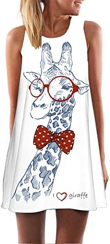 Fashion Women Ladies Girl O Neck Loose Summer Sleeveless Giraffe Print Tank Short Mini Dress T Shirts Tops Covers Long Cloth Bridesmaid Set Wedding Travel Breathable Wide Foldable
