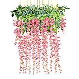 12 Pack 1 Piece 3.6 Feet Artificial Fake Wisteria Vine Ratta Hanging Garland Silk Flowers String Home Party Wedding Decor (Pink)