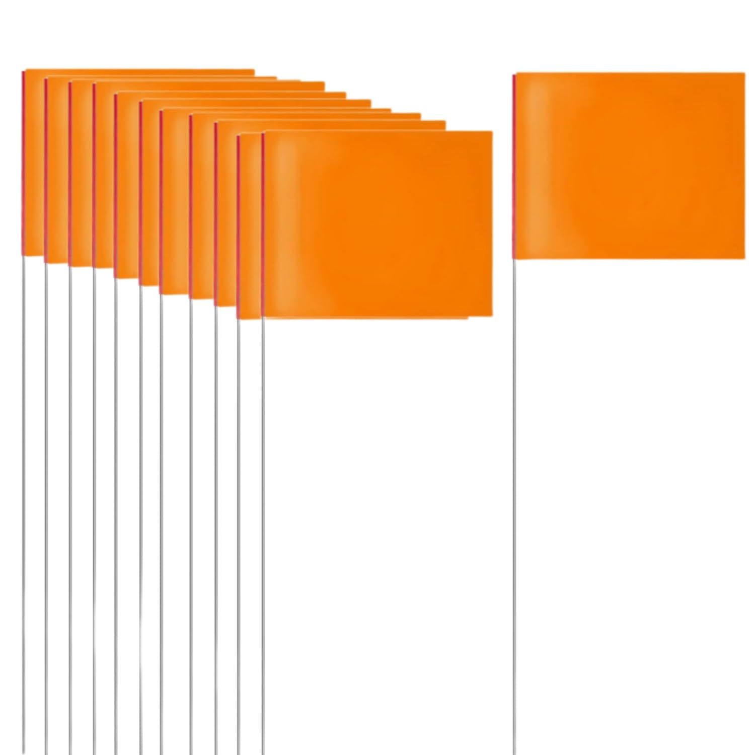 BigTree 50 Pack 4.92''x3.81'' Marking Flags with 15.3'' Steel Pole Orange Yard Markers Flag Landscape Sprinkler Dog Fence for Lawn Landscaping Works Distance Measuring PVC