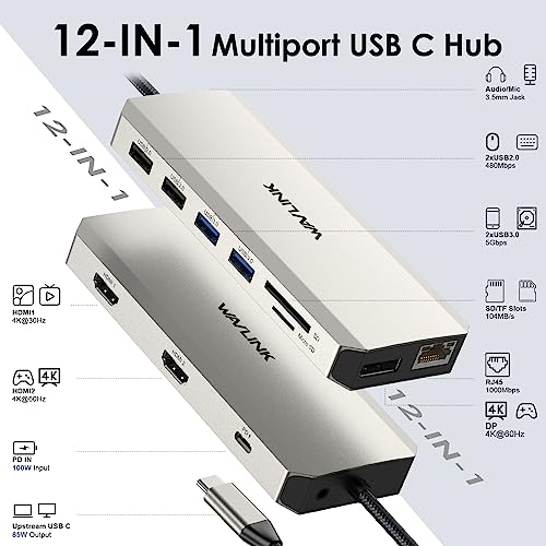 WAVLINK 12 in 1 USB C Docking Station, Dual HDMI Dockingstation USB C, Multiport Adapter mit 4K Dual HDMI, DP, 100W PD IN, USB3.0, USB2.0, RJ45, SD/TF Slots, Audio/Mic