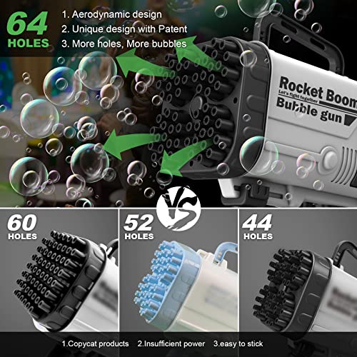 Bubble Machine Gun Upgrade 64 Holes Bubble Gun with 2 Bottles Bubble Solution, Bubbles Machine