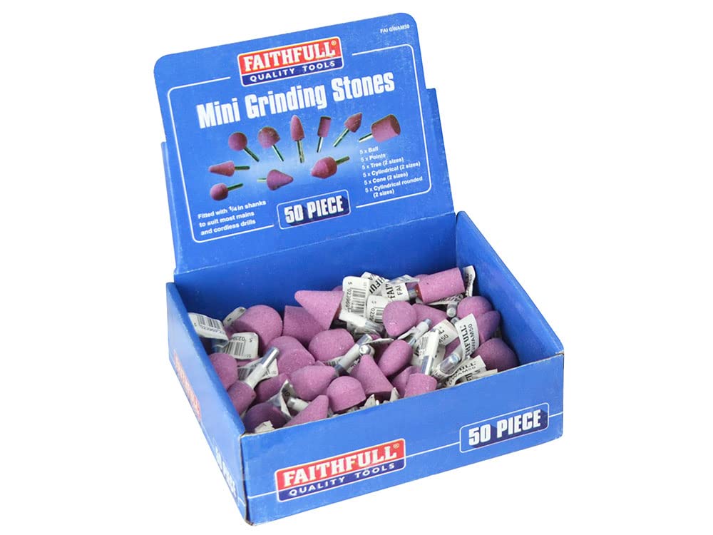 Faithfull Mini Grinding Wheel Assortment Pack - Boxed Selection of Small Grinding Wheels (15mm to 25mm), Ideal for Steel, 6mm (1/4in) Shanks for Use with Electric & Cordless Drills – 50 Piece