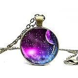Galaxy Space Moon Nebula Glass Cabochon Necklace Women Trendy Pendant Necklace Bronze Long Chain Jewelry Necklace for Mom