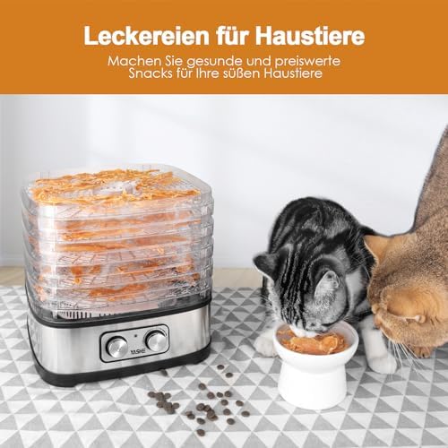 GGJ-261A Dörrautomat mit 5 höhenverstellbaren Tabletts, Temperaturregelung von 35-70°C, 240 Watt Dörrgerät für Obst und Gemüse, BPA-frei, Silber, Klar, Schwarz