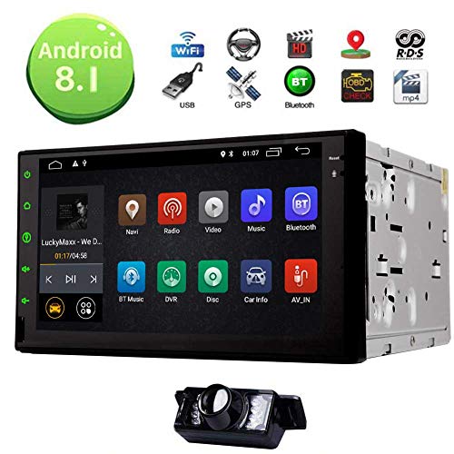 Free Rear View Camera Double DIN 2DIN Car Stereo Android 8.1 OS 2GB RAM 16GB ROM 7 Inch Capacitive Touch Screen Bluetooth GPS Navigation Quad Core WiFi 3G/4G FM/AM RDS Radio HD 1080P Video Player Rem