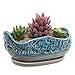 MyGift Ceramic Mini Planter Pot Succulent Container with Removable Gray Saucer, Indoor Spring and Summer Decor Plant Bowl with Decorative Turquoise Clover Design