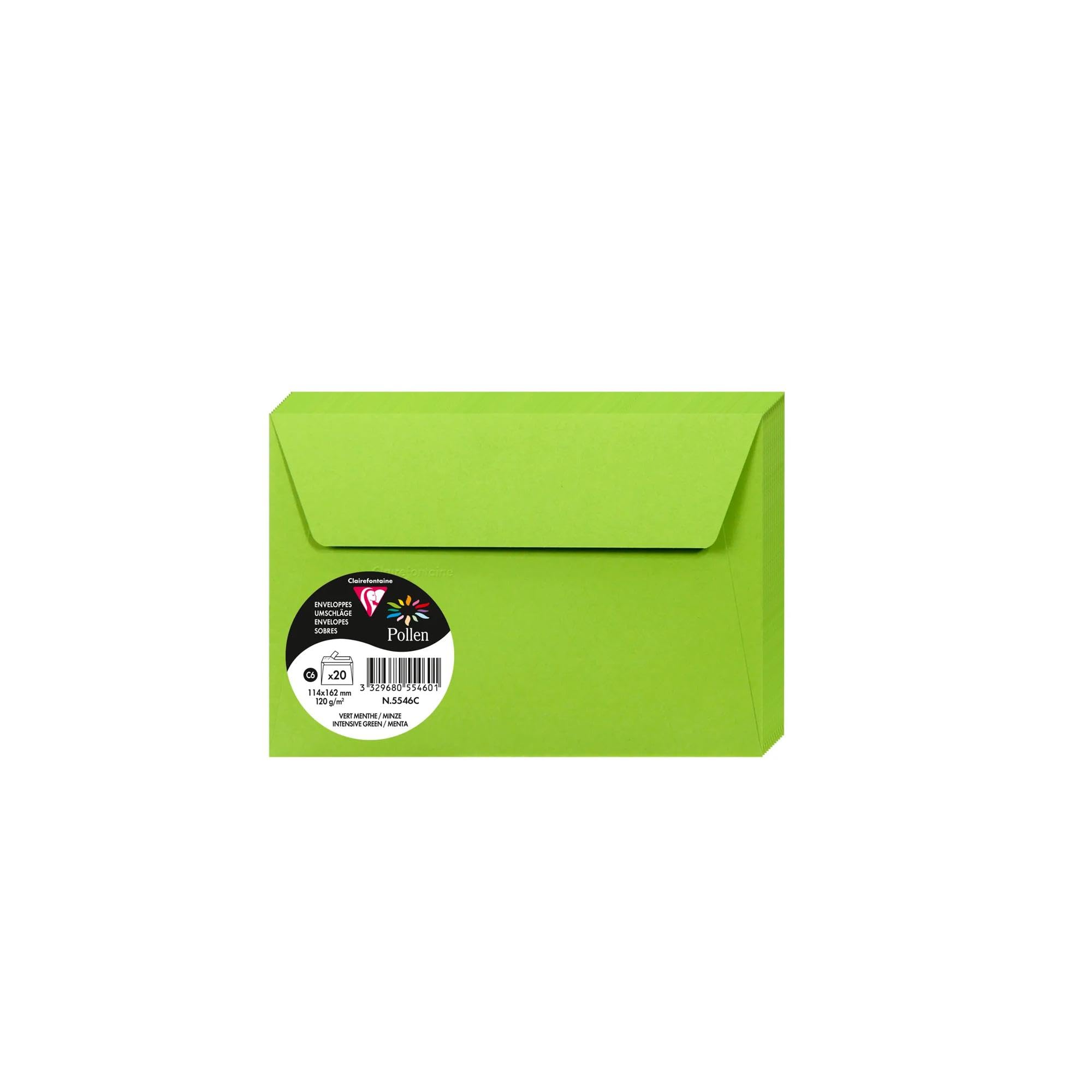 Clairefontaine 5546C Pack of 20 Self-Adhesive Envelopes C6 11,4x16,2cm 120gsm Colour Intensive Green Invitation Events Correspondence Pollen Range Premium
