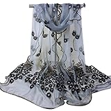 Sanwood Trendy Women Gauze Embroidered Peacock Veil Church Mantilla Scarf Wrap (Gray)