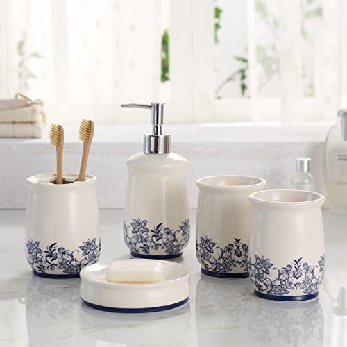 Eovsea 5 Pcs Crack Glaze Flowers Floral Ensemble Ceramic Bathroom Soap Dispenser Dish Bath Accessory Set