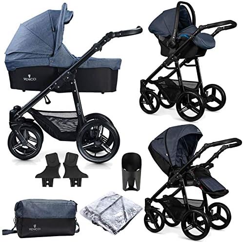 Venicci Soft Vento 3-in-1 Travel System (9 Piece Bundle) – Denim Blue/Black - with Carrycot + Car Seat + Changing Bag + Footmuff + Raincover + 5-Point Harness and UV 50+ Fabric + Car Seat Adapters