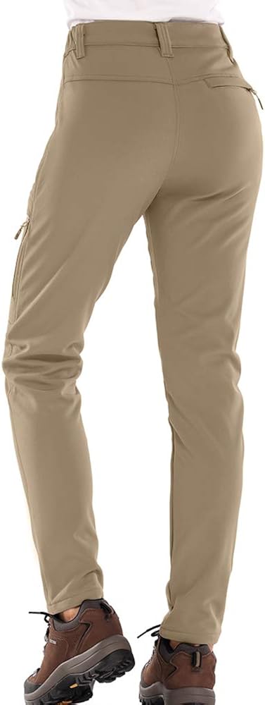Women's Fleece Lined Outdoor Cargo Hiking Pants Water Repellent Softshell Snow Ski Pants with Zipper Pockets: Clothing
