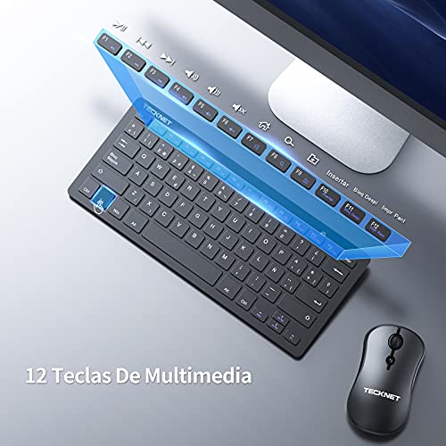 TECKNET Silent Wireless Keyboard, Mini Ergonomic Keyboard and Mouse Ultra Thin, Working Distance of 15 M, 2.4G Mini Portable Keyboard for PC/Smart TV/Computer (Spanish, with Ñ)