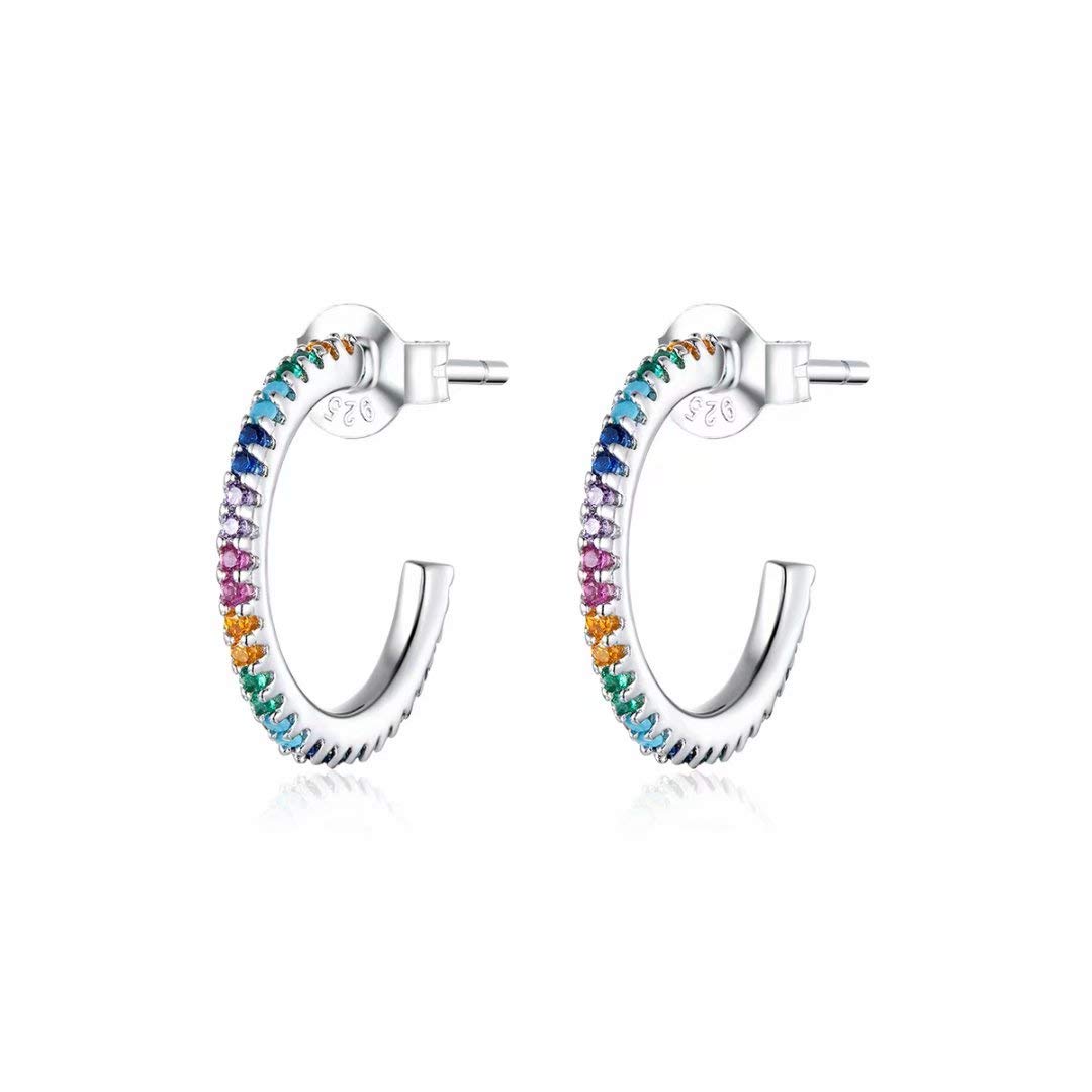 Qings Rainbow C-shaped Hoop Small Stud Earrings Dainty Oval Half Open Post Earrings Stylish Birthday Gift for Young Girl Girlfriend