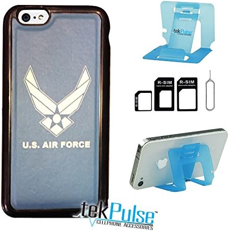 TekPulse(tm) USA Military United States Air Force Real Leather TPU Back Cell Phone Case &amp; Nano Sim Card Adapter &amp; Collapsible Cell Stand [Bundle 3pcs] - Direct Print Tech. Fits Apple Iphone 6