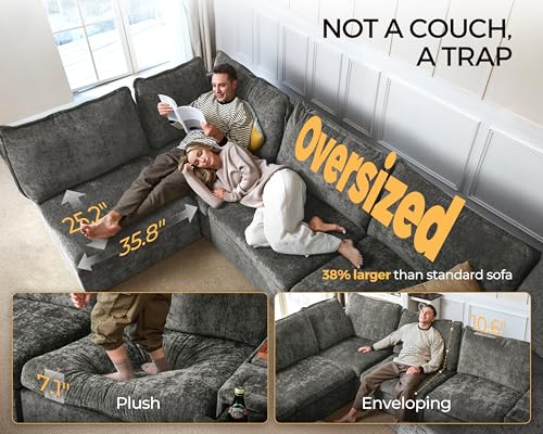 Bedeep 124.8'' Oversized Modular Sofa Comfy Cloud Couch with Storage Wide L-Shaped Sectional Sofa Set with Chaise for Living Room, Covers Washable, 4-Seater with Ottoman, Chenille, Grey