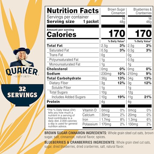 QUAKER STEEL CUT QUICK 3-MINUTE OATMEAL, 2 FLAVOR VARIETY PACK, INDIVIDUAL PACKETS, 32 COUNT
