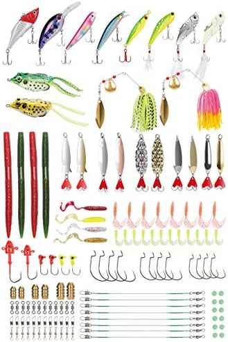 IWIVI Fishing Gear Lures Tackle Set Including Hard Lures, Metal Spinning Lures, Spinnerbaits, Frog Fishing Lures, Worms, VIB Rattle Crank, Popper, Jig, Hooks Kit with a Tackle Box