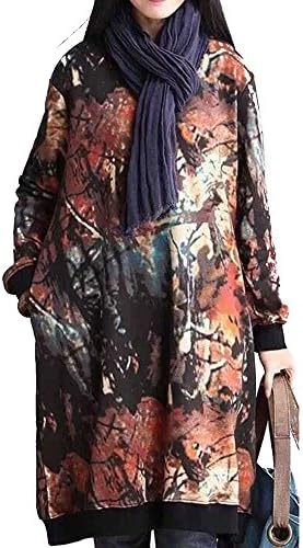 Dressray Spring Women's Boho Cotton Loose Print Dress Long Sweartshirt,Coffee,X-Large