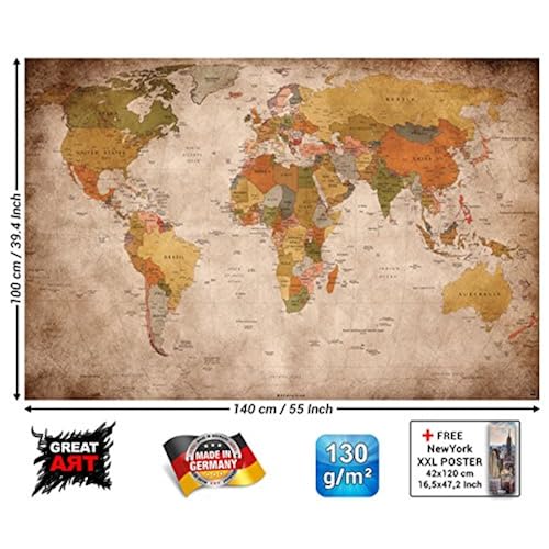 Poster used look wall picture decoration Globe Continents Atlas World Map Earth Geography retro old school vintage map | Wallposter Photoposter wall mural wall decor by GREAT ART Tools & Home Improvement, Painting Supplies & Wall Treatments, Wall Stickers & Murals