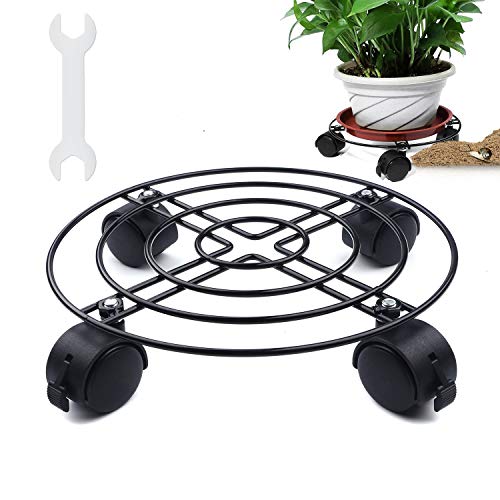 12.5" Heavy Duty Black Iron Plant Caddy Metal Plant Stand With Wheels