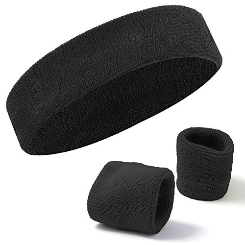 Acokac Basketball Sweatbands Set, Sports Headbands Wristband for Men Women (Black)