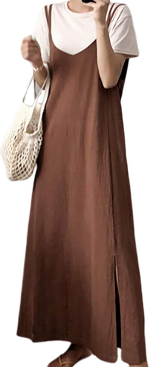 Amazon Co Jp Followdream ロング キャミワンピース レディース リネン Vネック バッククロス ダブル肩紐 ワンピース 綿麻 スリット マキシ丈 ノースリーブ 体型カバー ゆったり カジュアル おしゃれ 秋服 森ガール 大きいサイズ 服 ファッション小物