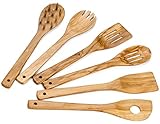 Hudson Essentials Olive Wood Cooking Utensils Set - 6 Piece Hand Made Natural Cooking Tools - Includes Slotted, Pasta And Stirring Spoons, Spatulas, And Spork (6 Piece Set)