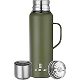 Insulated Vacuum Thermo Bottle 1000ml/33.8oz with Cup Stainless Steel Coffee Bottles for Hot and Cold Drink Water Flask.(Green, with Handle, 1000ml)
